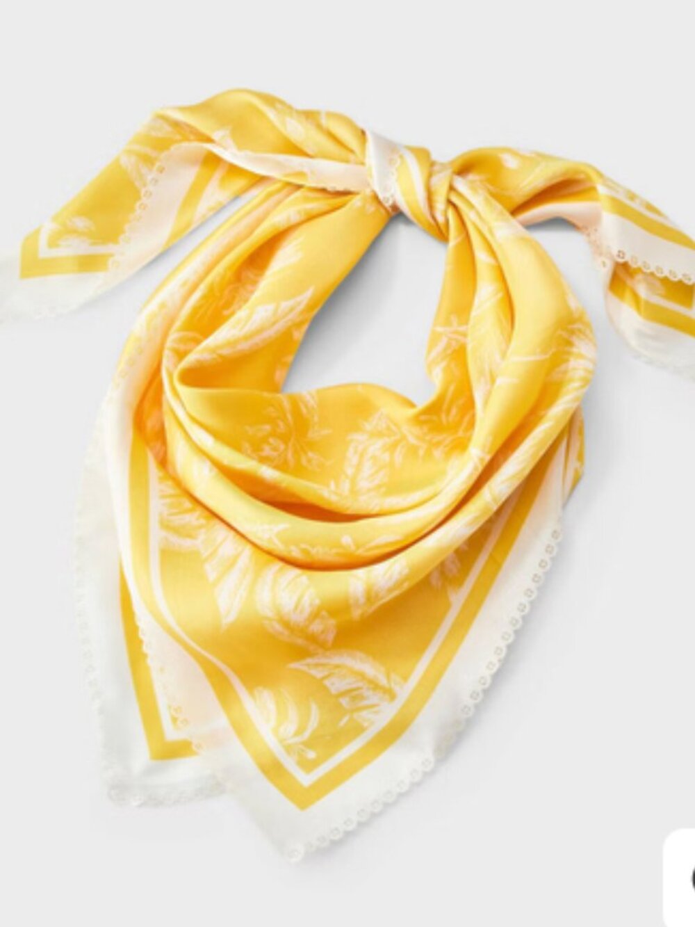 Tropical Palm Printed Scarf with Border & Scallop Edge - A New Day Yellow